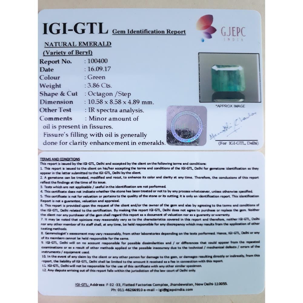 3.86/CT Natural Panna Stone with Govt. Lab Certificate (4551)