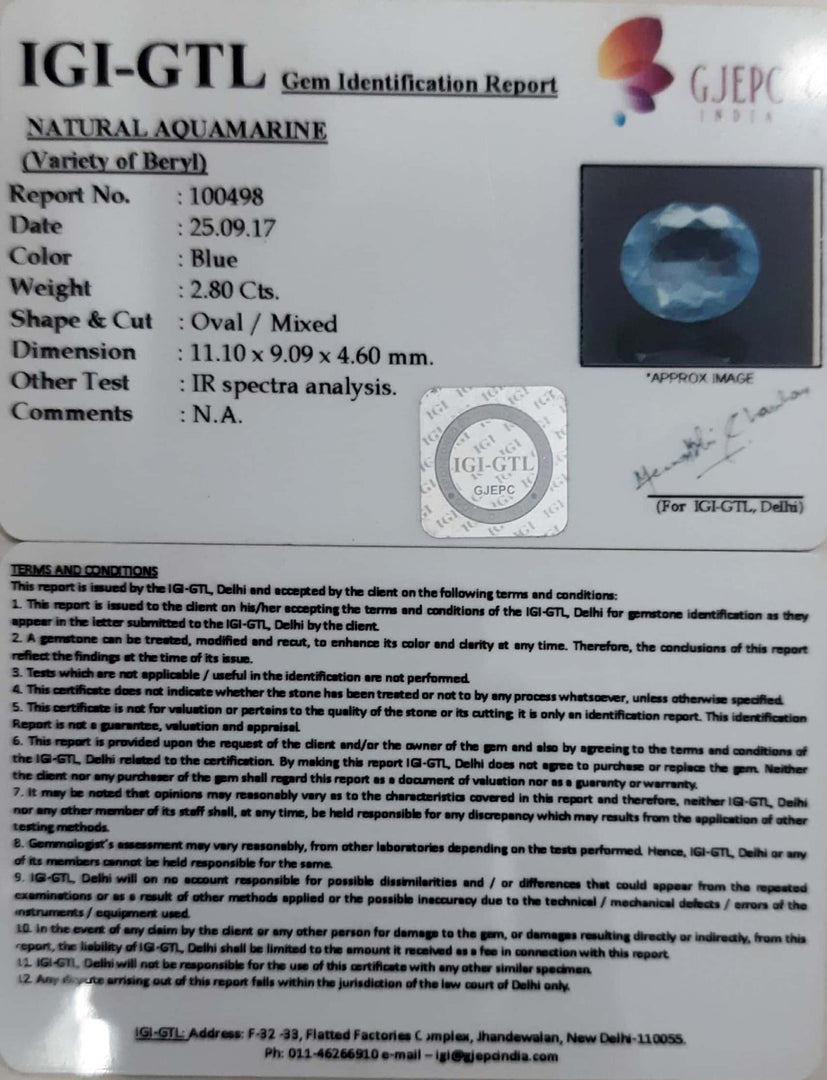 2.80/CT Natural Aquamarine with Govt Lab Certificate-5661