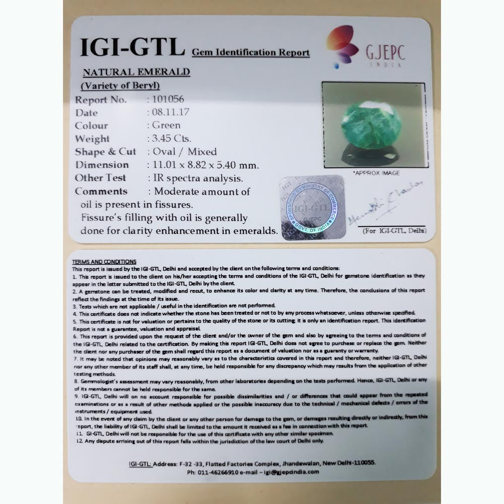 3.45/CT Natural Panna Stone with Govt. Lab Certificate (6771)