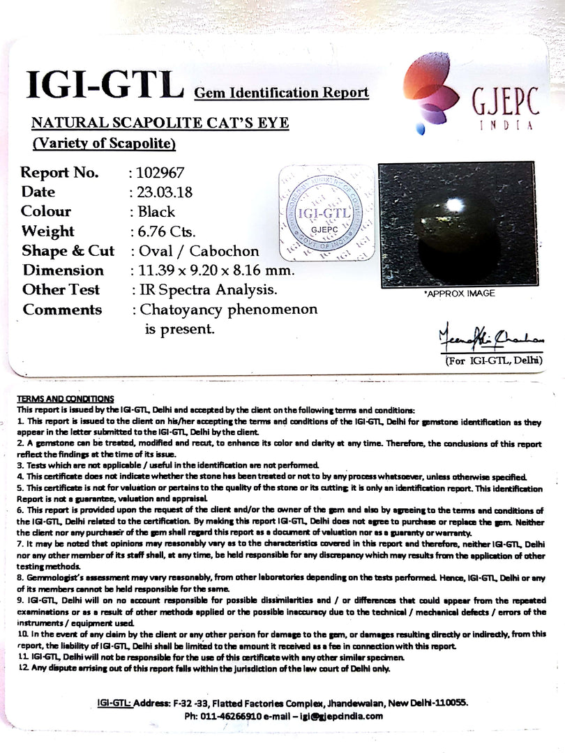 6.76/CT Natural Scapolite Cat's Eye with Govt. Lab Certificate-1221