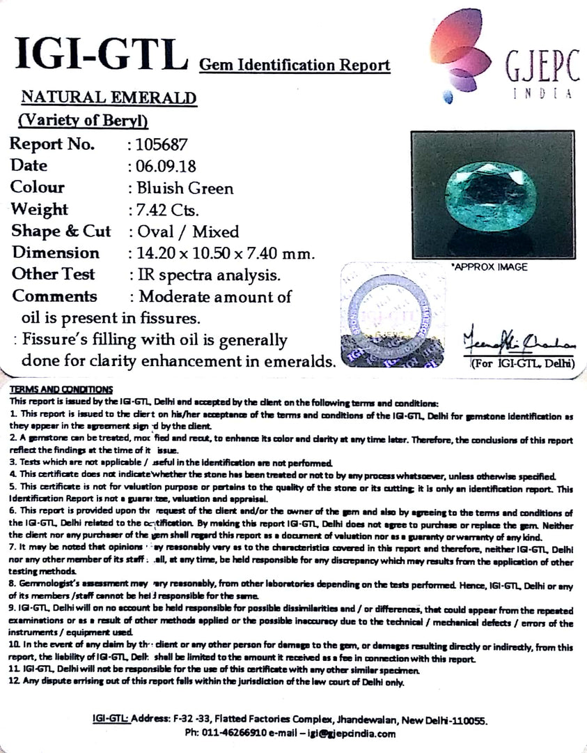 7.42/CT Natural Colombian Panna Stone With Govt. Lab Certificate  (12210)