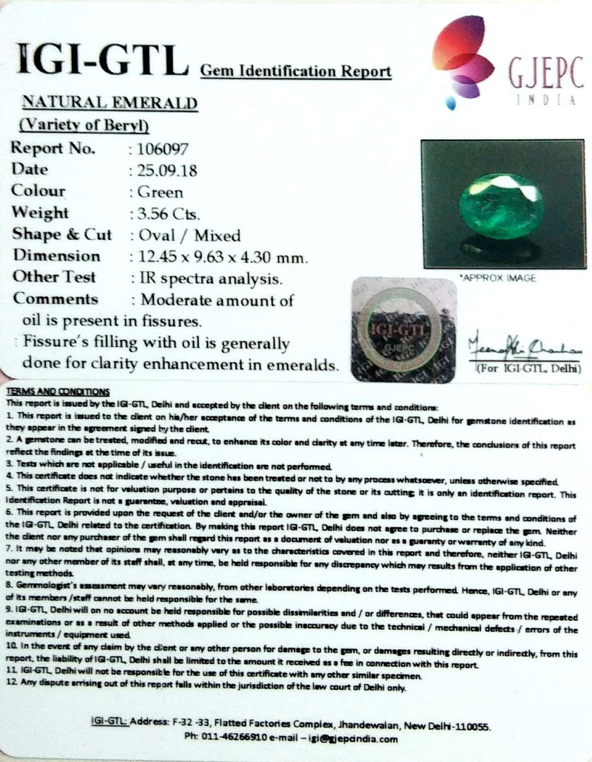 3.56/CT Natural Emerald Stone With Govt. Lab Certificate  (16650)