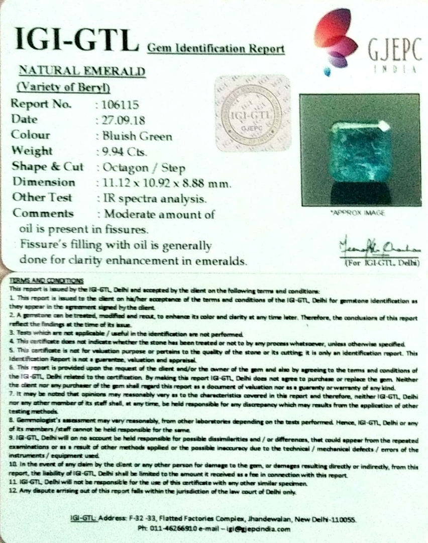 9.94/CT Natural Panna Stone With Govt. Lab Certificate  (8991)