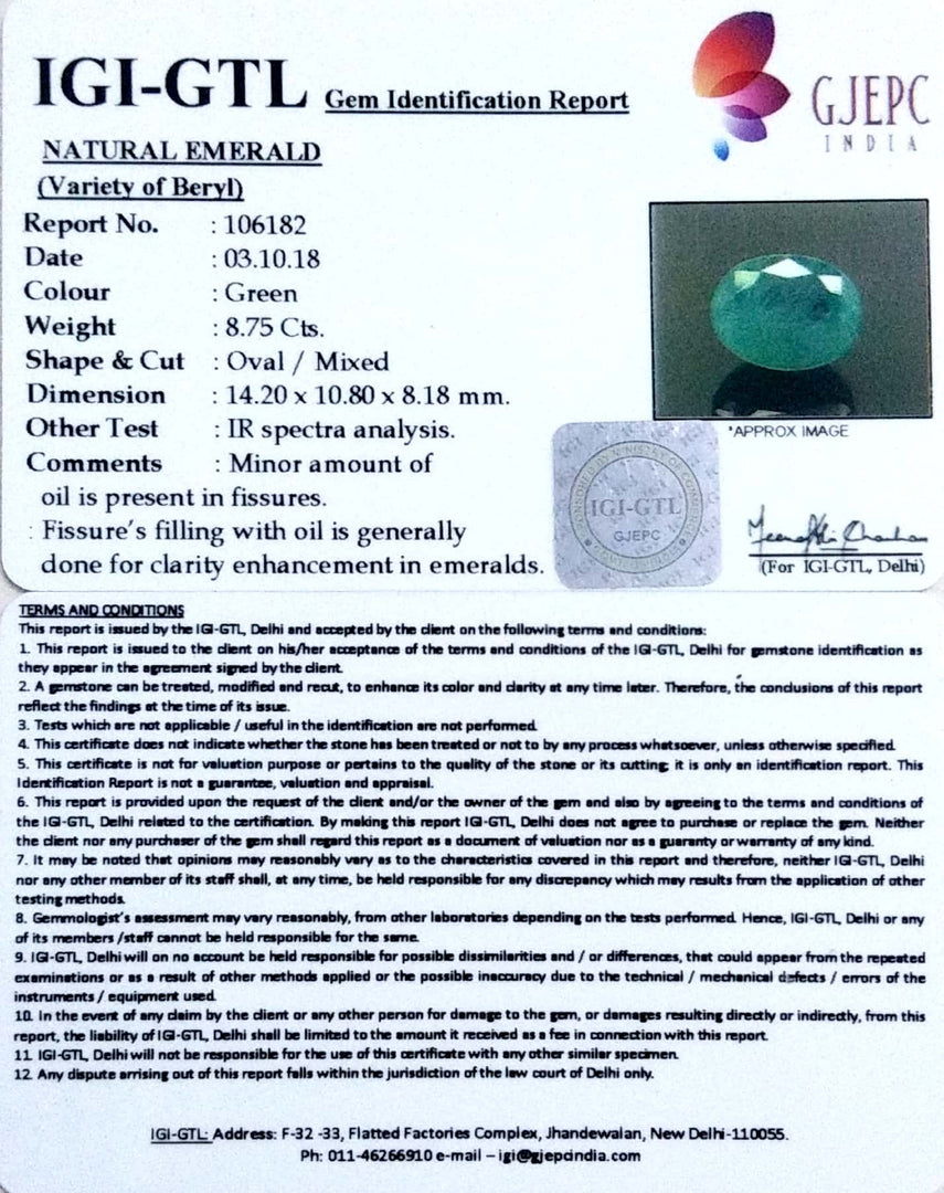 8.75/CT Natural Panna Stone With Govt. Lab Certificate (4551)