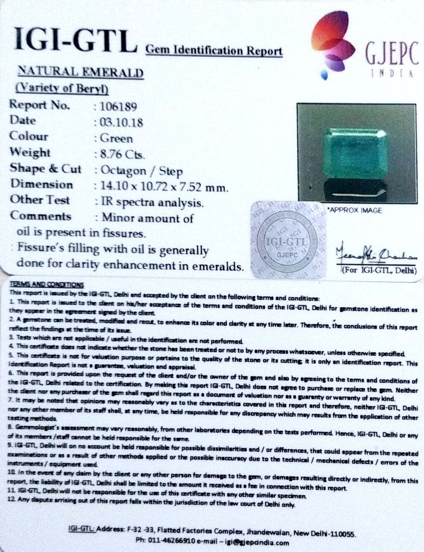 8.76/CT Natural Panna Stone With Govt. Lab Certificate  (4551)