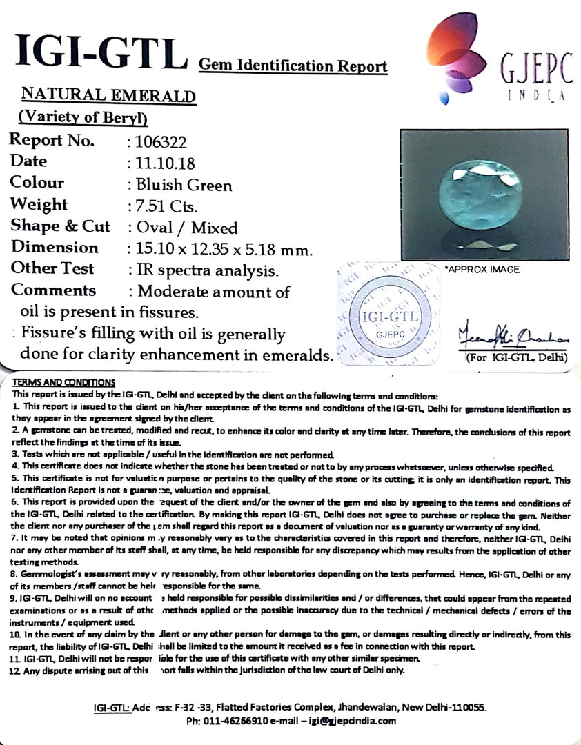 7.51/CT Natural Panna Stone With Govt. Lab Certificate  (6771)