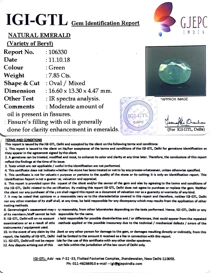 8.71 Ratti Natural ZAMBIAN  Panna Stone With Govt. Lab Certificate  (3441)