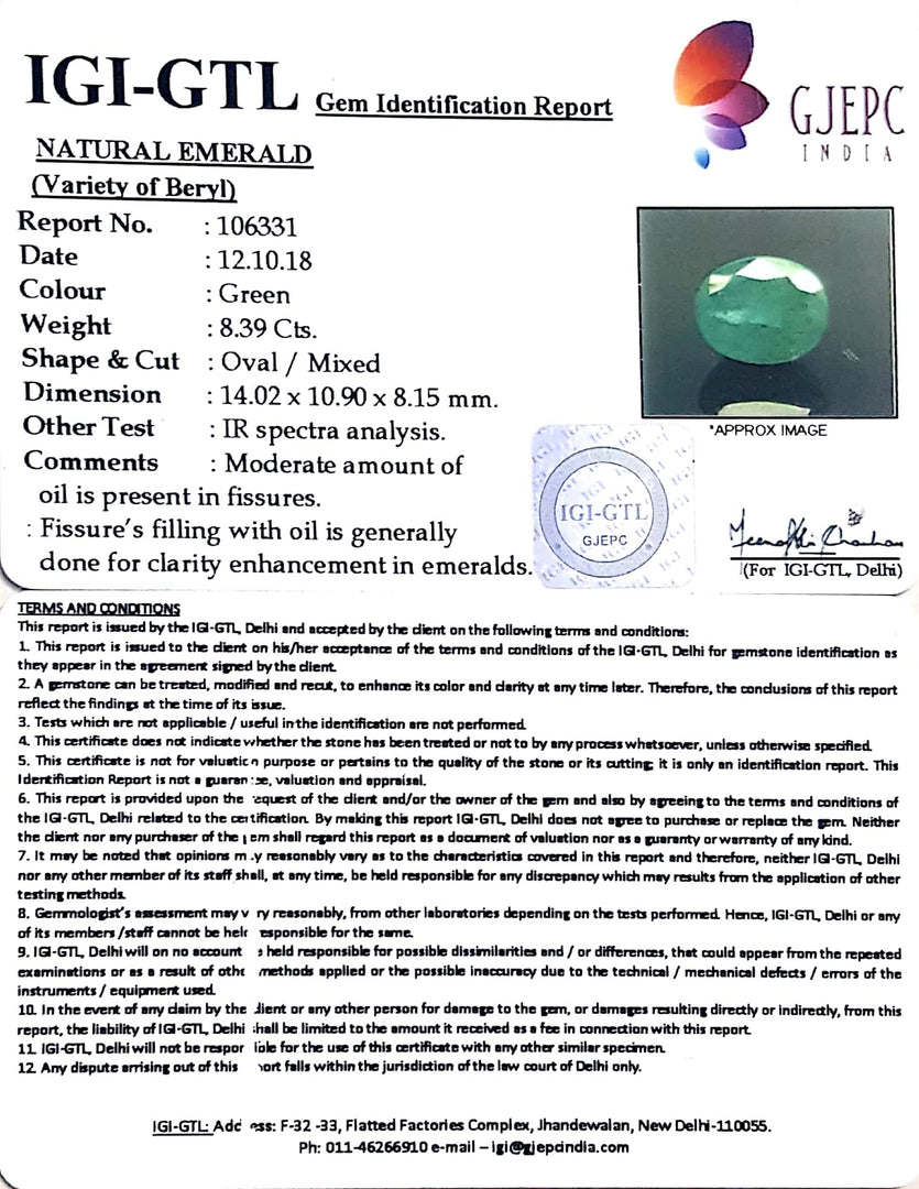 Natural ZAMBIAN   Panna Stone With Govt. Lab Certificate  (2331) - 8.39 CT.