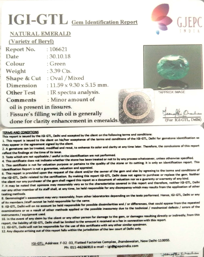 3.39/CT Natural Zambian Panna Stone With Govt. Lab Certificate  (6771)