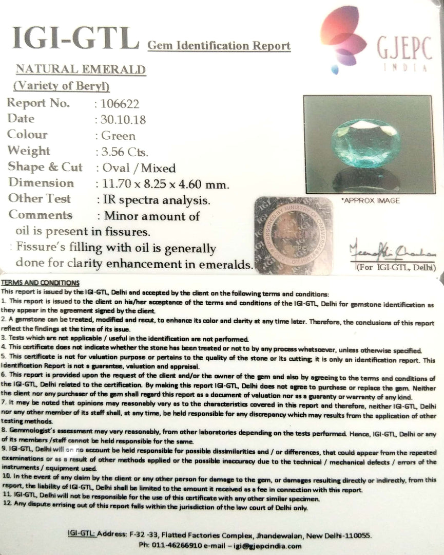 3.55/CT Natural Emerald Stone With Govt. Lab Certificate  (12210)