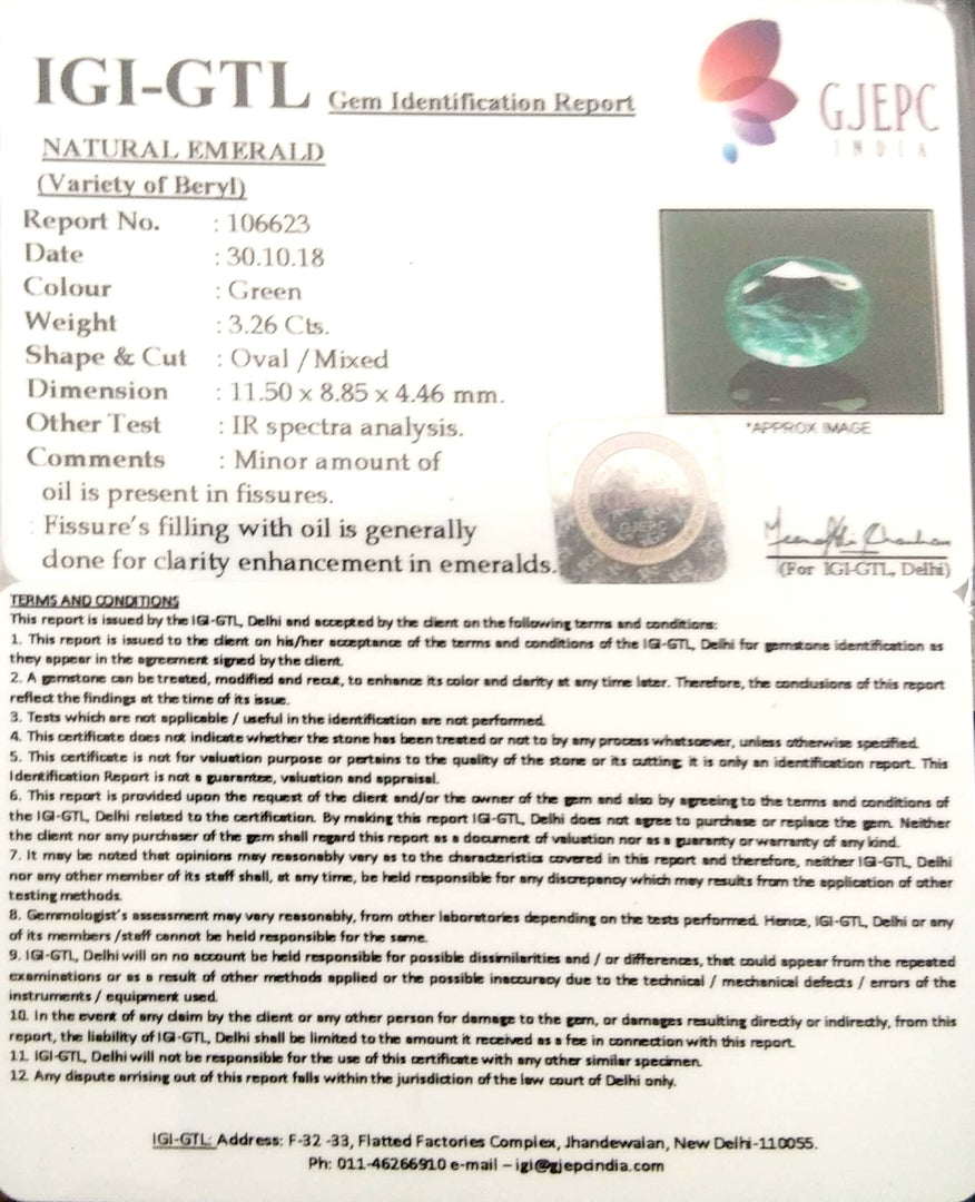 3.26/CT Natural Panna Stone With Govt. Lab Certificate (12210)