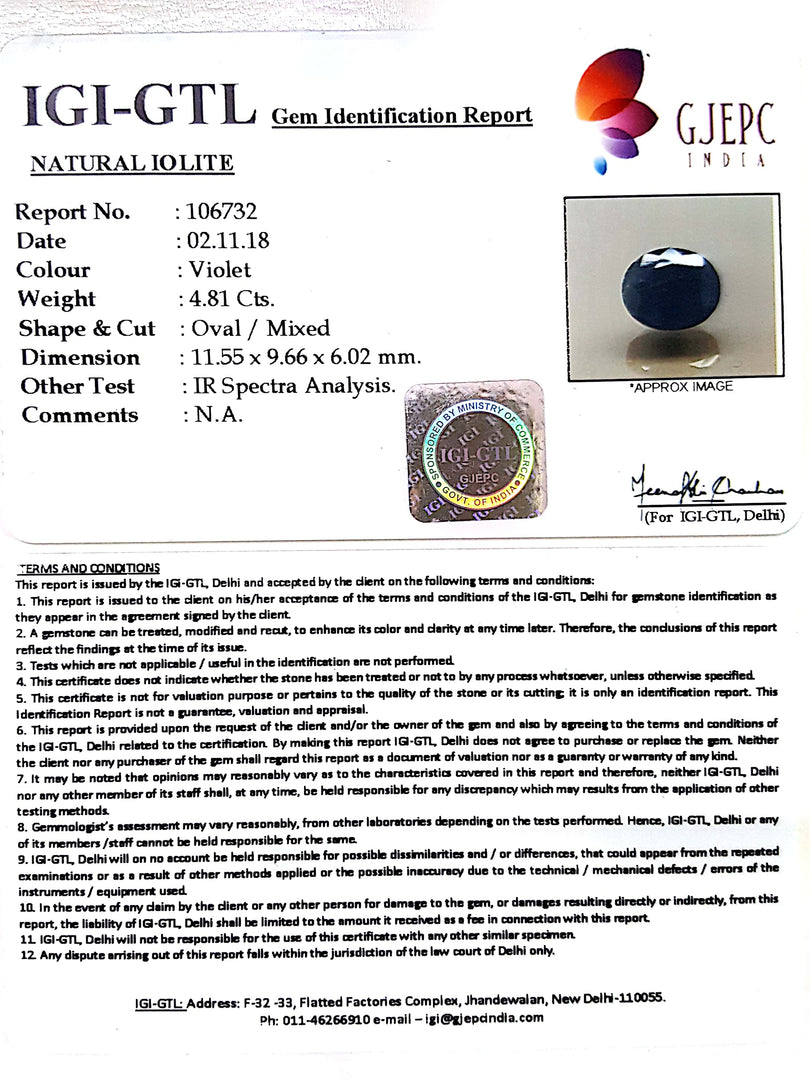 5.34 Ratti Natural Iolite With Govt. Lab Certificate-(610)