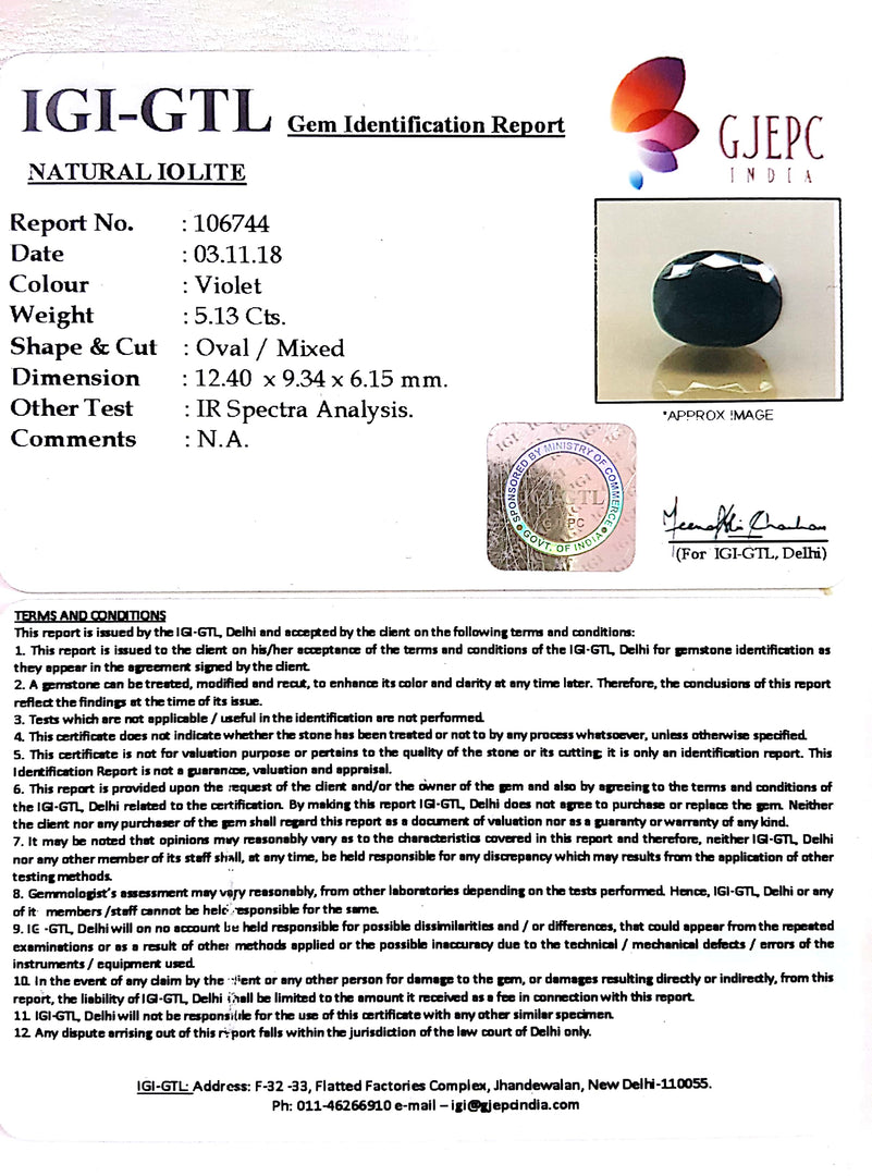 5.70 Ratti Natural Iolite With Govt. Lab Certificate-(610)