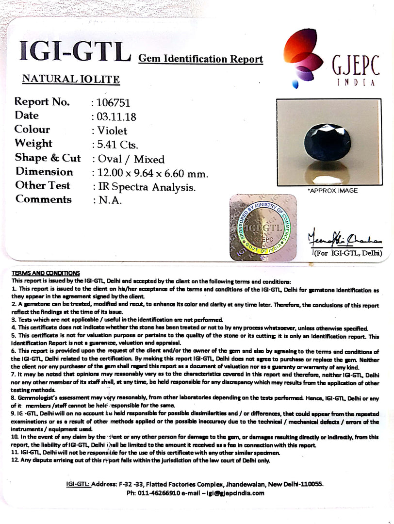 6.01 Ratti Natural Iolite With Govt. Lab Certificate-(610)