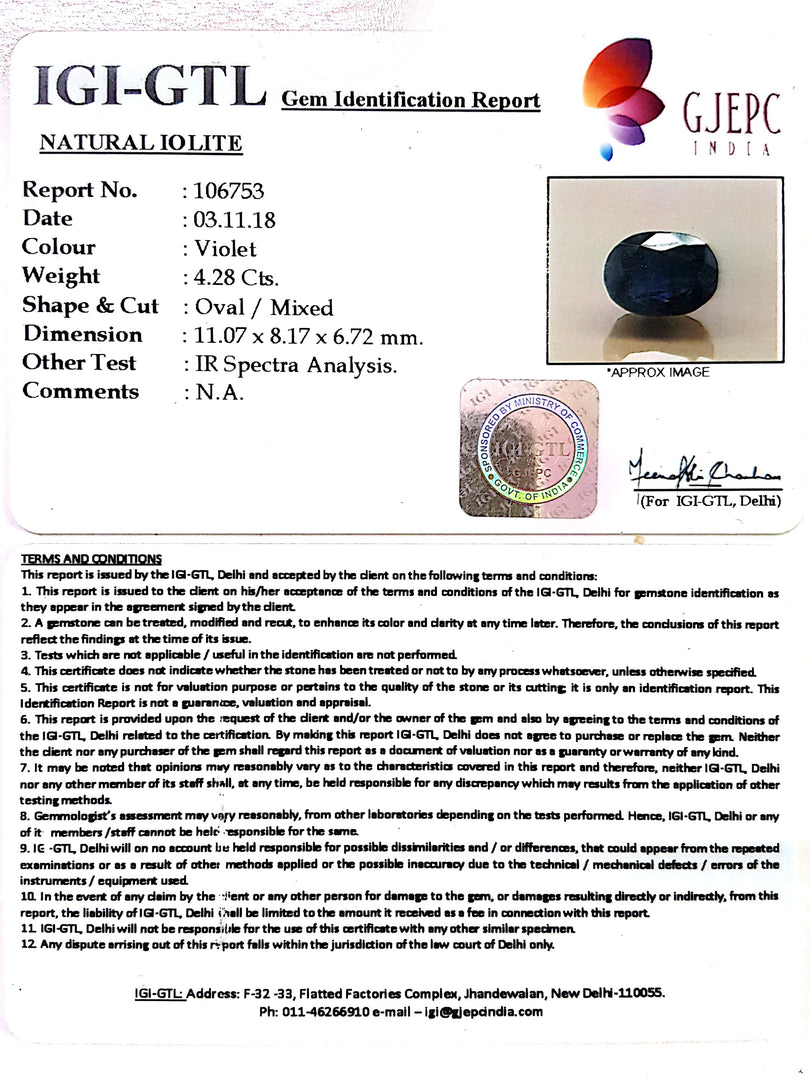 4.76 Ratti Natural Iolite With Govt. Lab Certificate-(610)