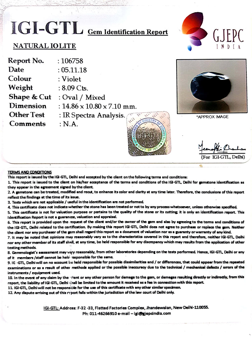 8.97 Ratti Natural Iolite With Govt. Lab Certificate-(610)