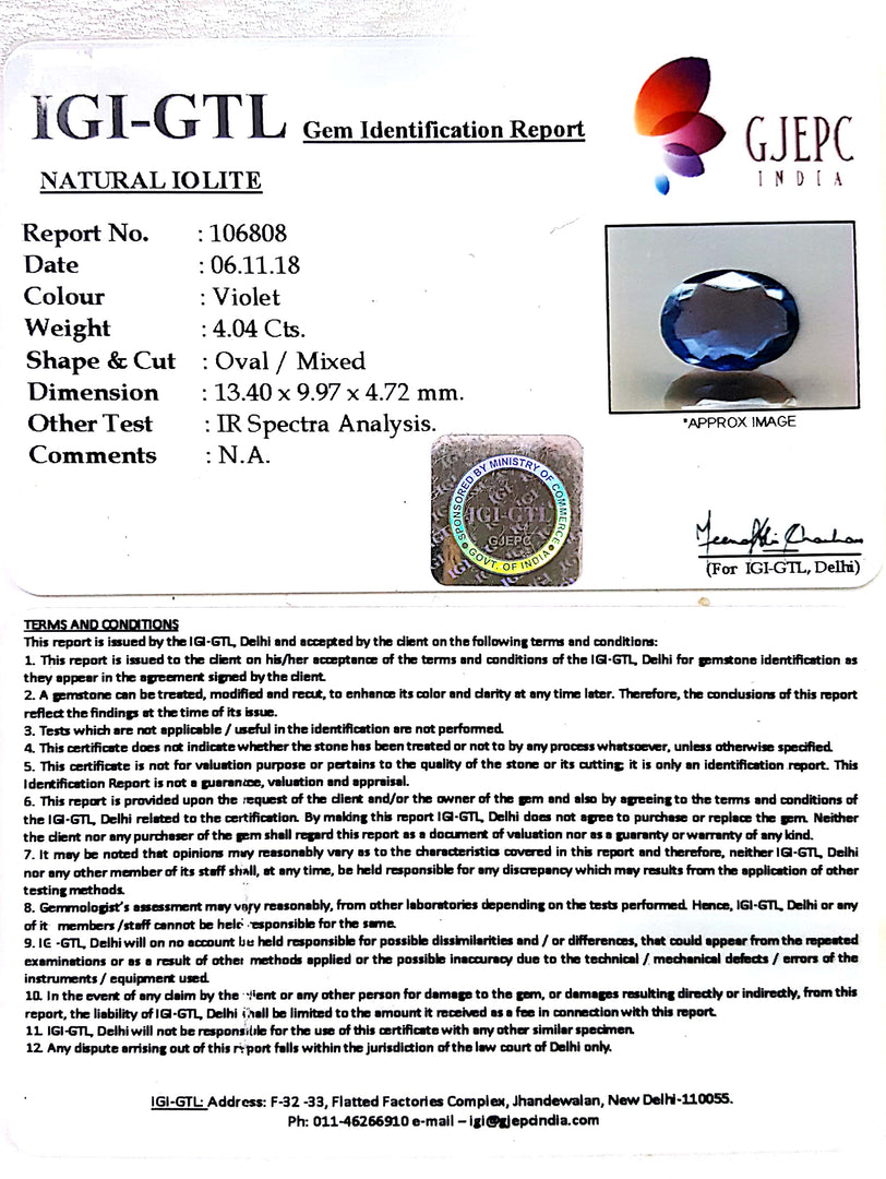 4.49 Ratti Natural Iolite With Govt. Lab Certificate-(2331)