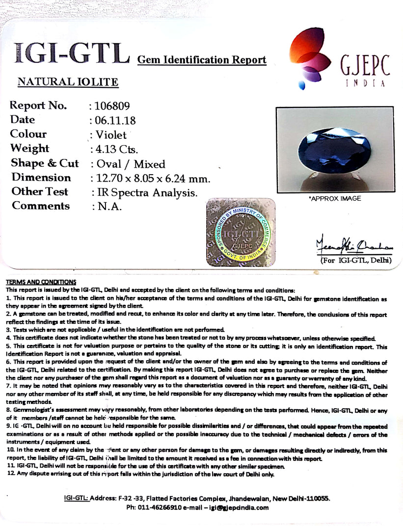 4.59 Ratti Natural Iolite With Govt. Lab Certificate-(1221)