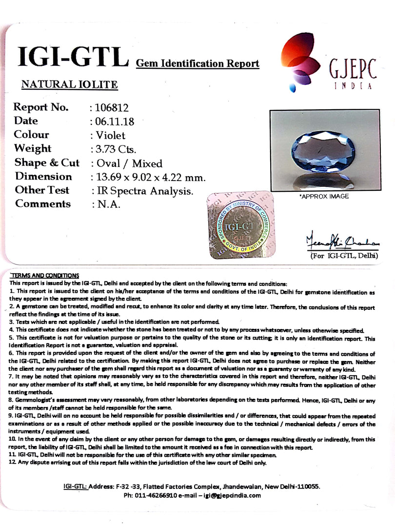 4.14 Ratti Natural Iolite With Govt. Lab Certificate-(2331)