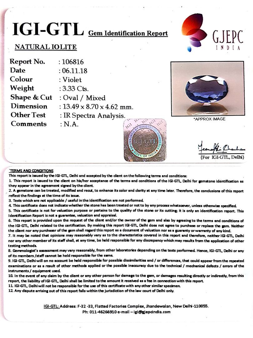 3.70 Ratti Natural Iolite With Govt. Lab Certificate-(2331)