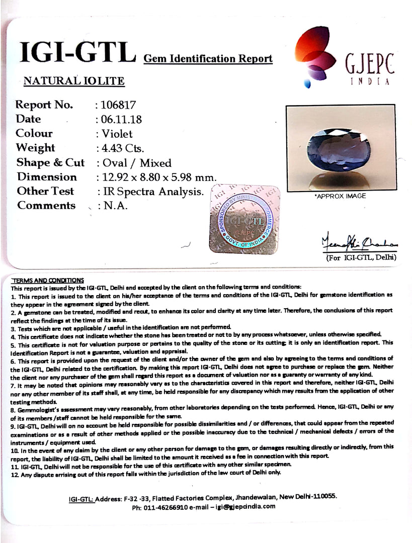 4.92 Ratti Natural Iolite With Govt. Lab Certificate-(2331)