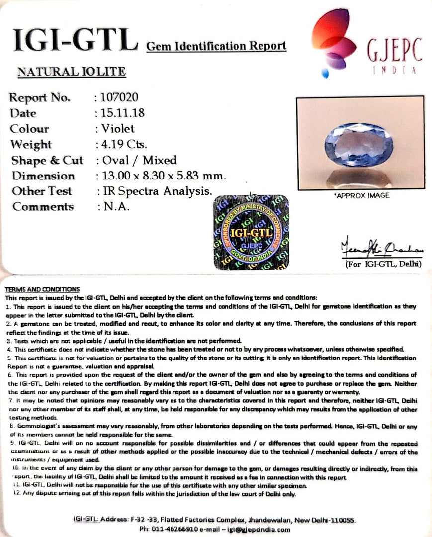 4.66 Ratti Natural Iolite With Govt. Lab Certificate-(2331)