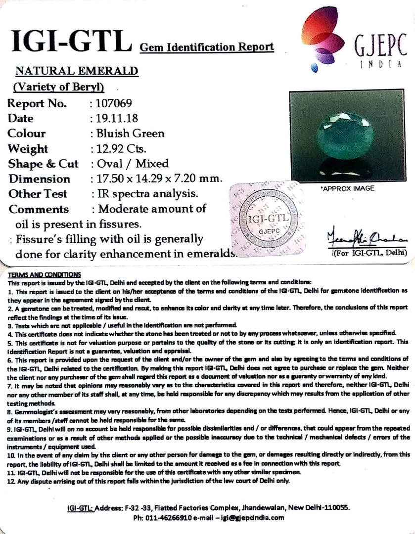 14.36 Ratti Natural ZAMBIAN Panna Stone With Govt. Lab Certificate  (3441)