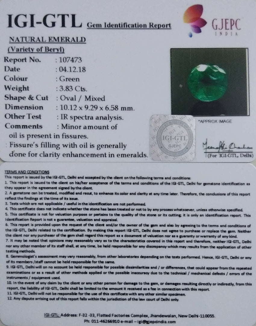 3.83/CT Natural Emerald Stone With Govt. Lab Certificate  (12210)