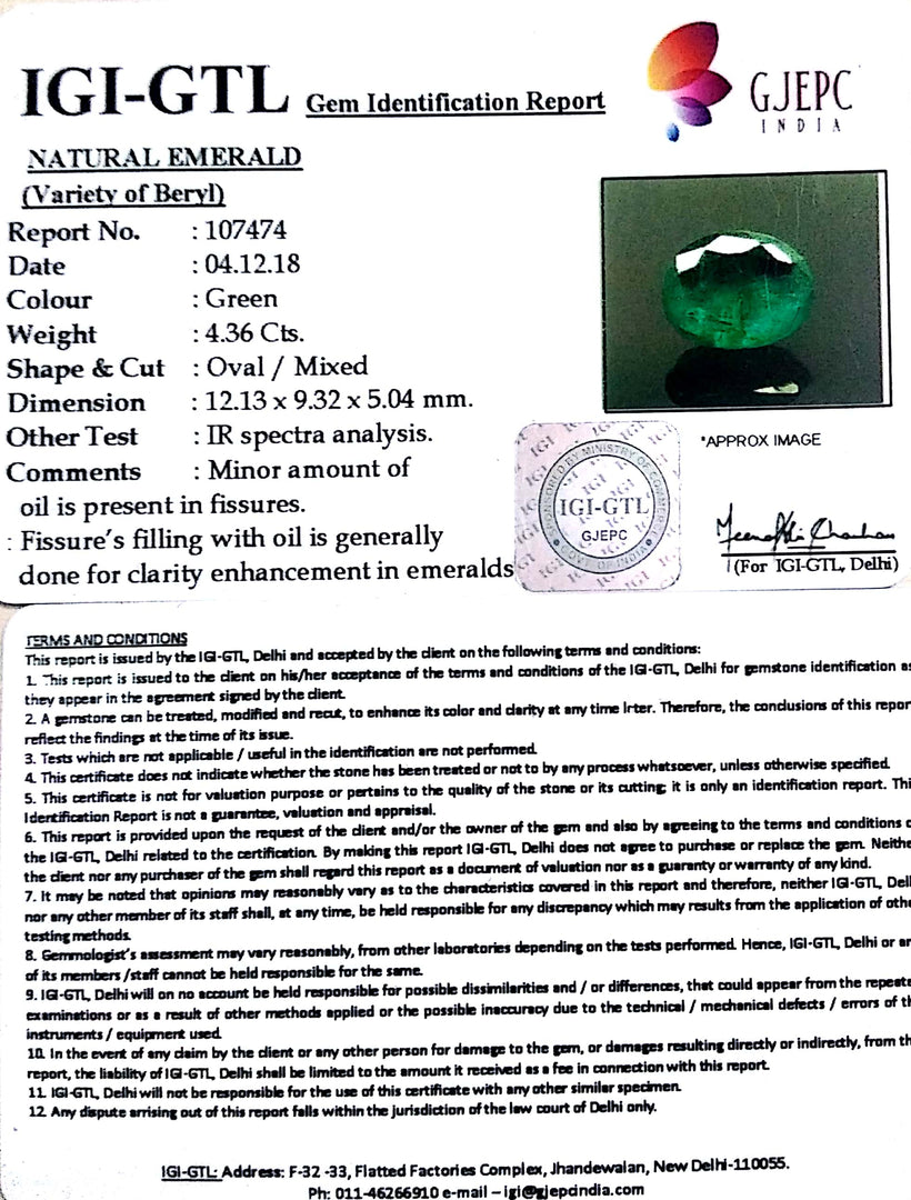 4.36/CT Natural Emerald Stone With Govt. Lab Certificate  (12210)