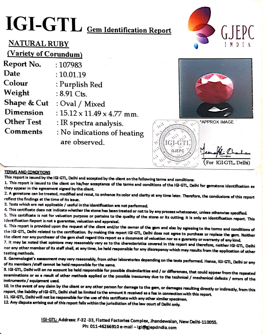 9.90 Ratti Natural Indian Ruby With Govt. Lab Certificate-(1221)