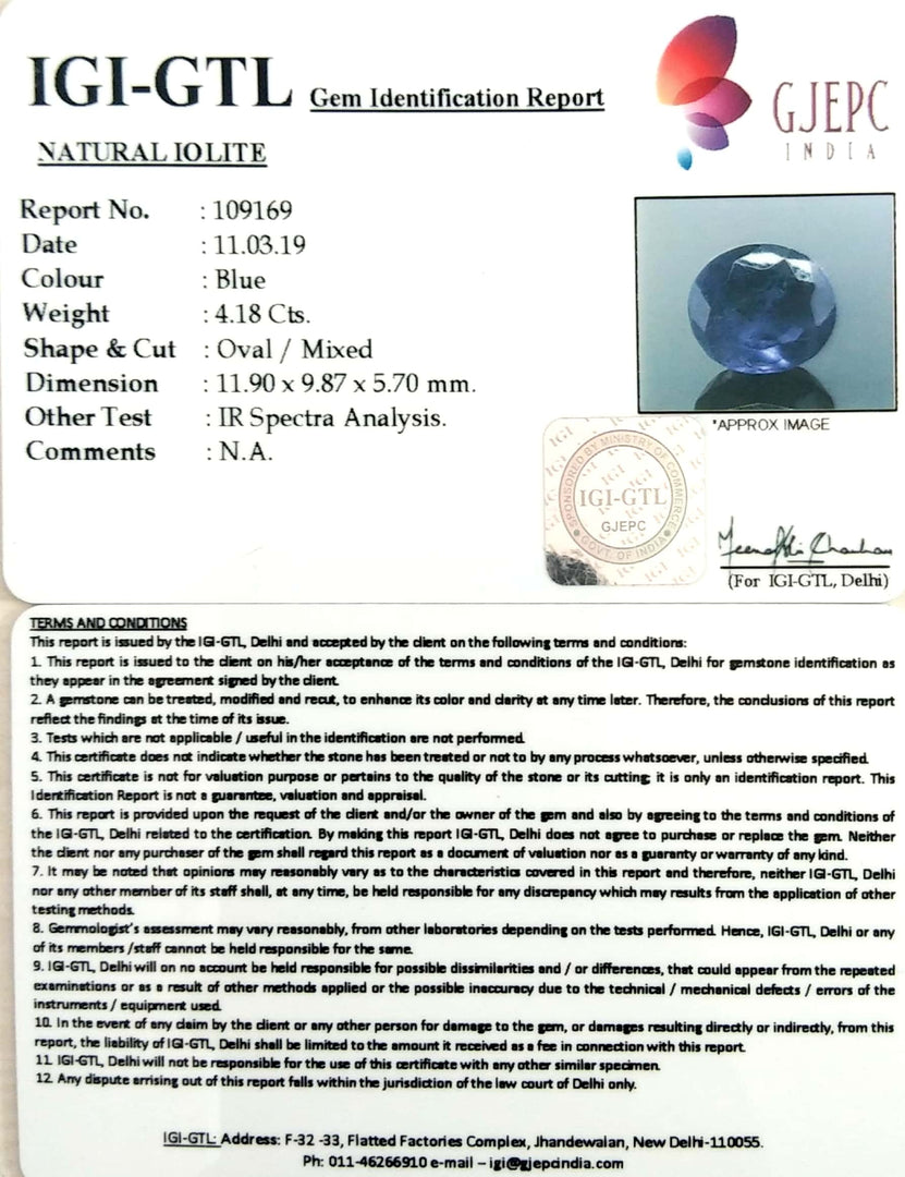 4.64 Ratti Natural Iolite With Govt. Lab Certificate-(1221)