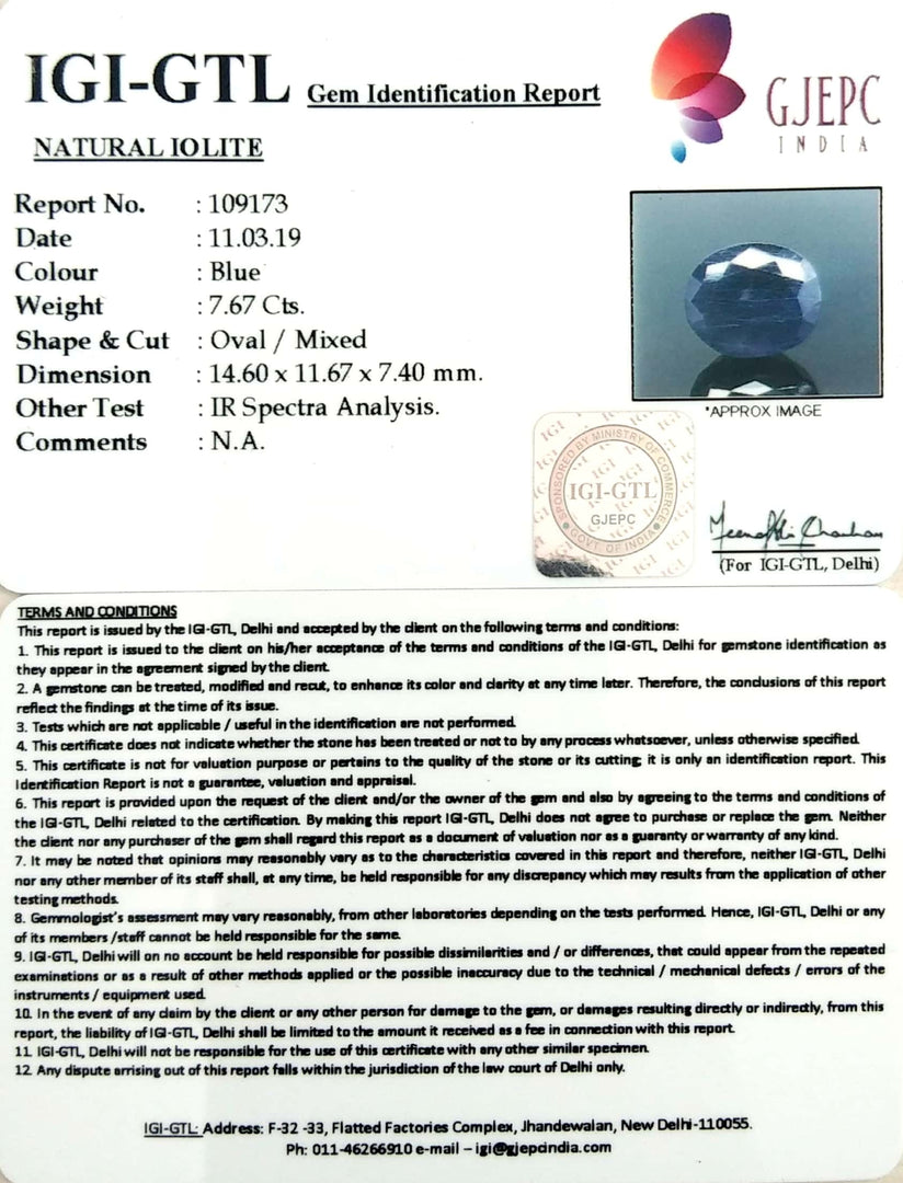 8.52 Ratti Natural Iolite With Govt. Lab Certificate-(610)