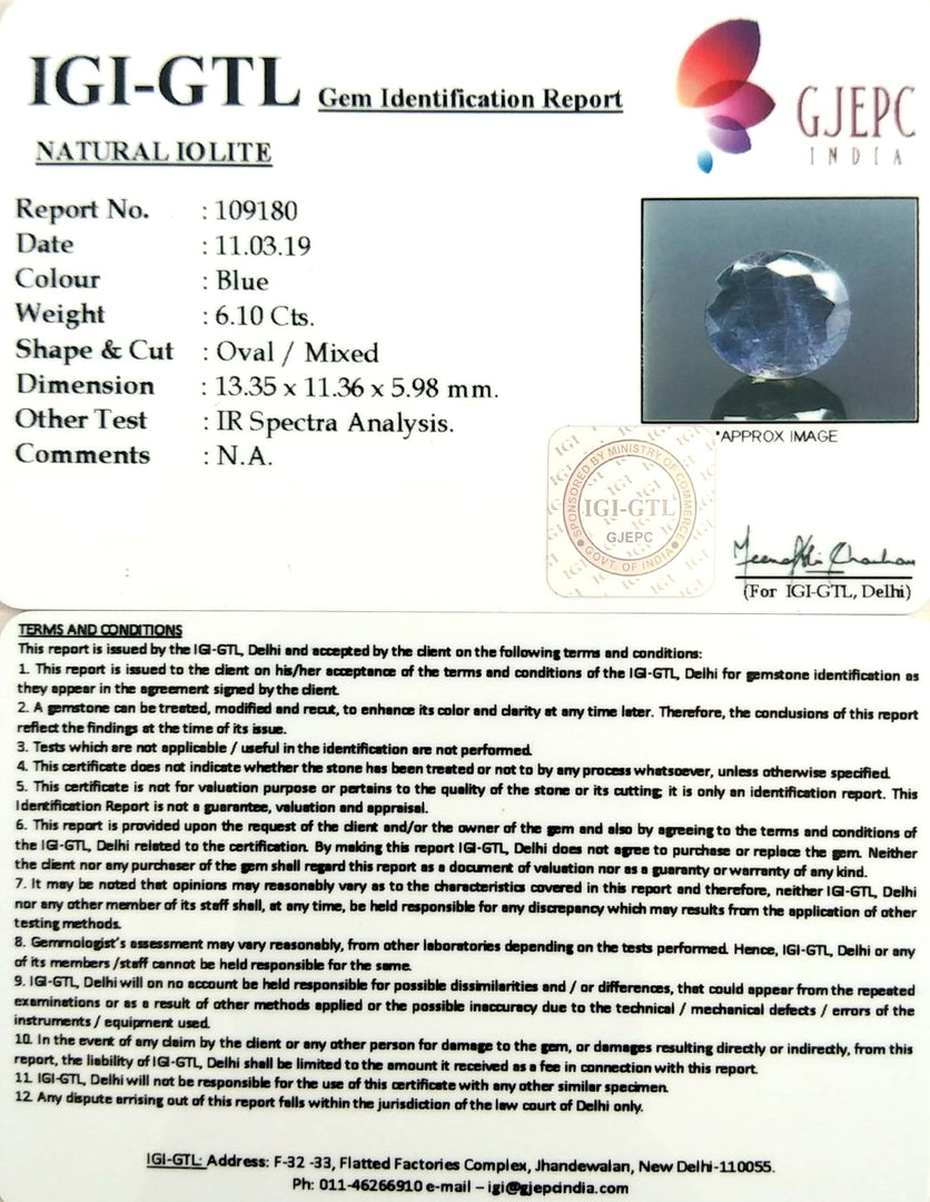 6.78 Ratti Natural Iolite With Govt. Lab Certificate-(610)