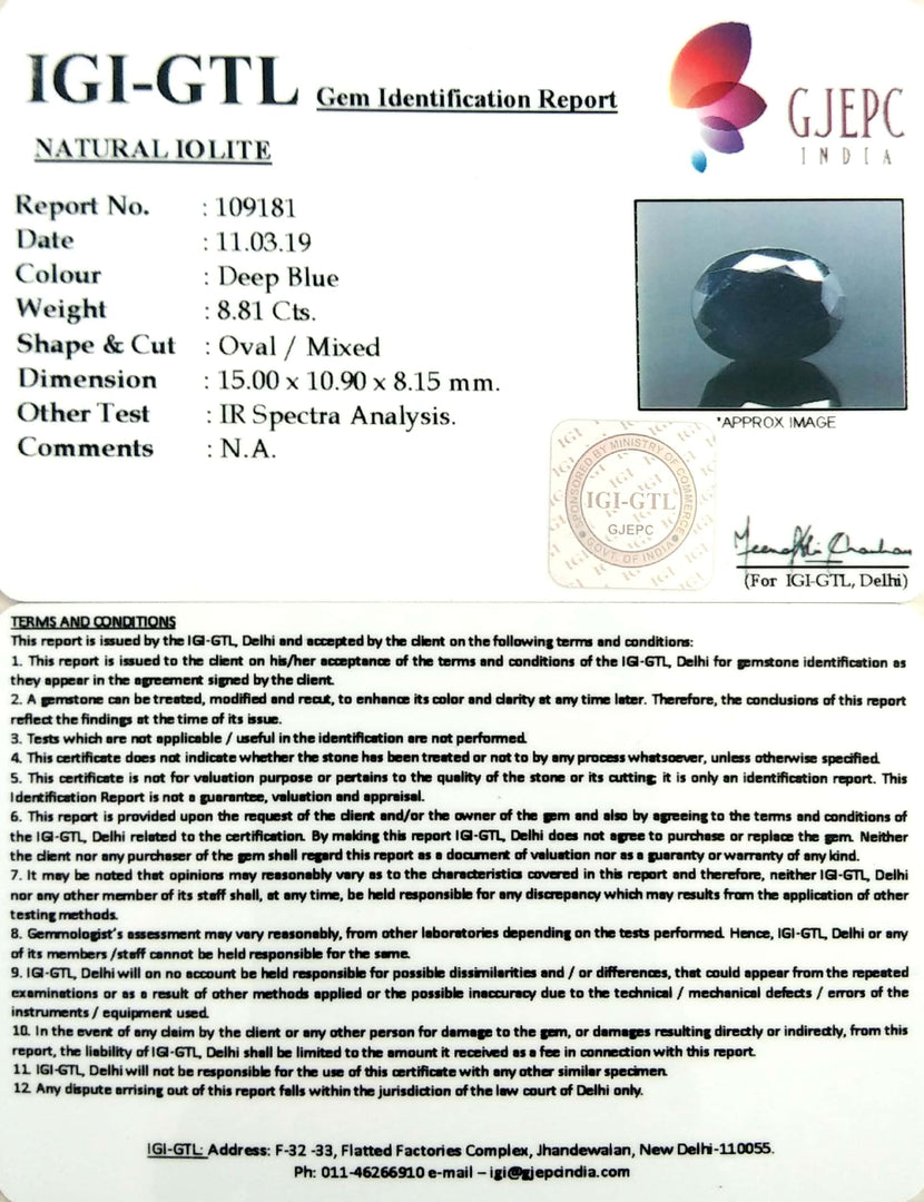 9.79 Ratti Natural Iolite With Govt. Lab Certificate-(610)