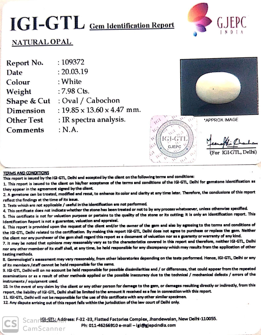 7.98/CT Natural White Opal with Govt. Lab Certificate-610