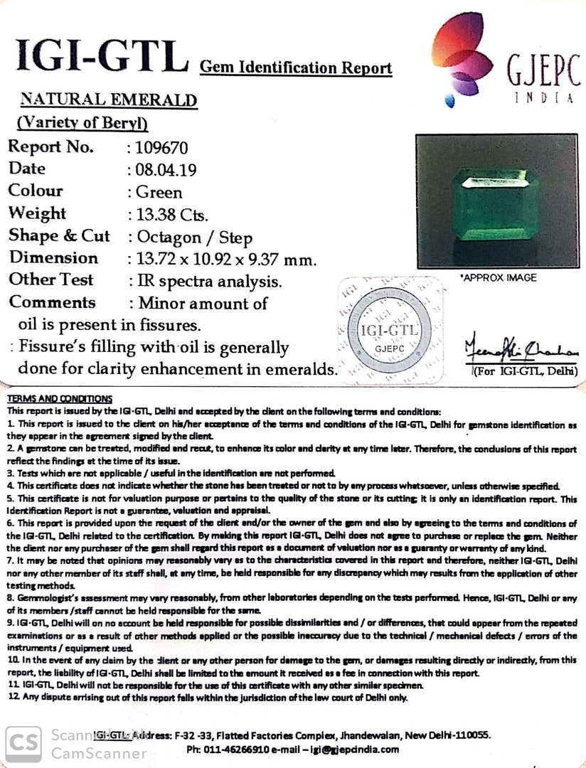 13.38/CT Natural Emerald with Govt Lab Certificate (6771)