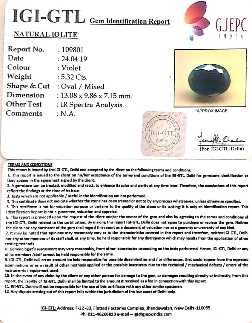 5.91 Ratti Natural Iolite With Govt. Lab Certificate-(610)