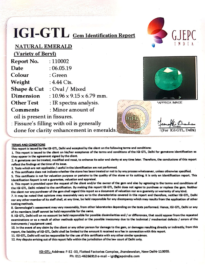 4.44/CT Natural Emerald Stone With Govt. Lab Certificate  (12210)