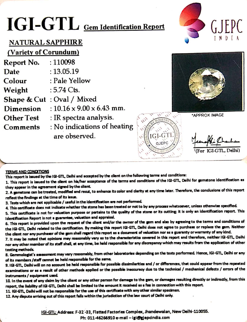 6.38 Ratti Natural Yellow Sapphire With Govt Lab Certificate-(12210)