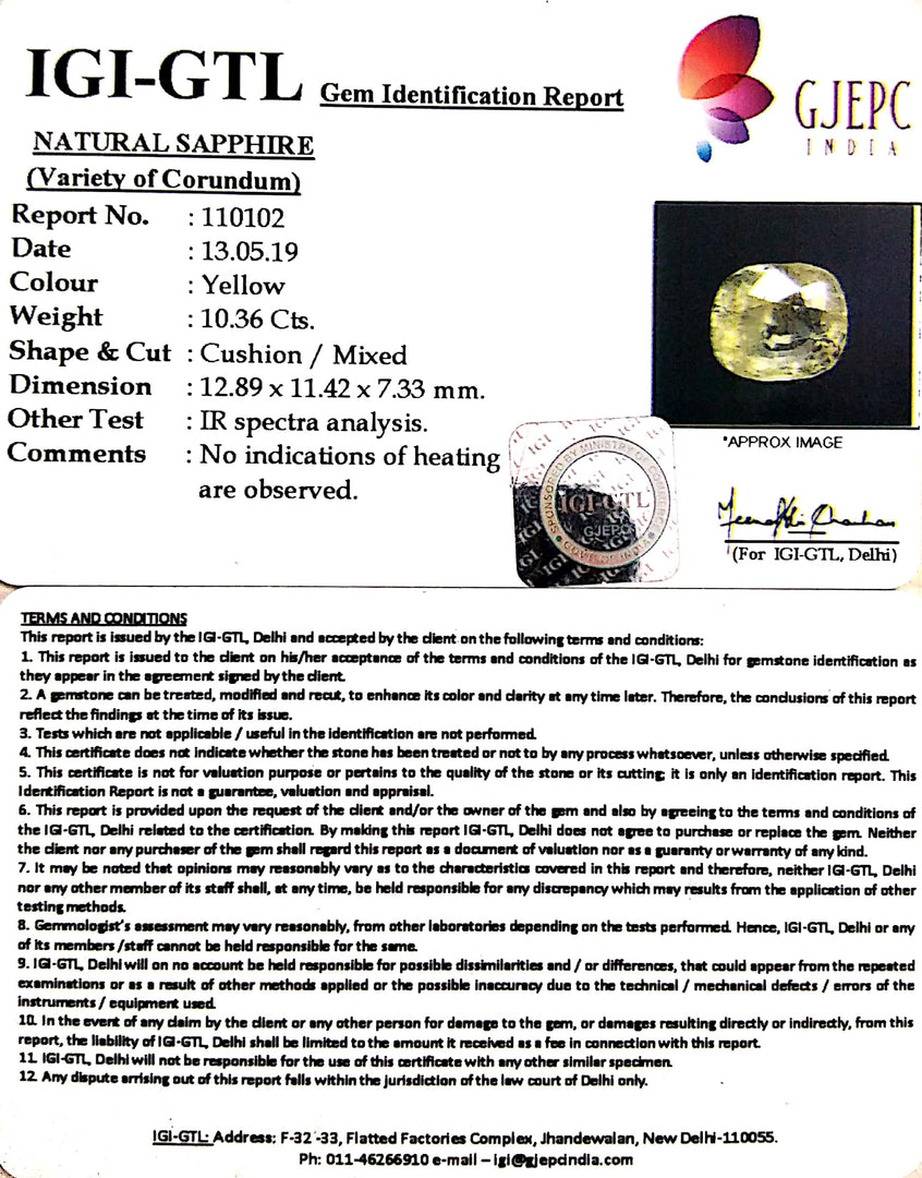 11.51 Ratti Natural Yellow Sapphire With Govt Lab Certificate-(6771)