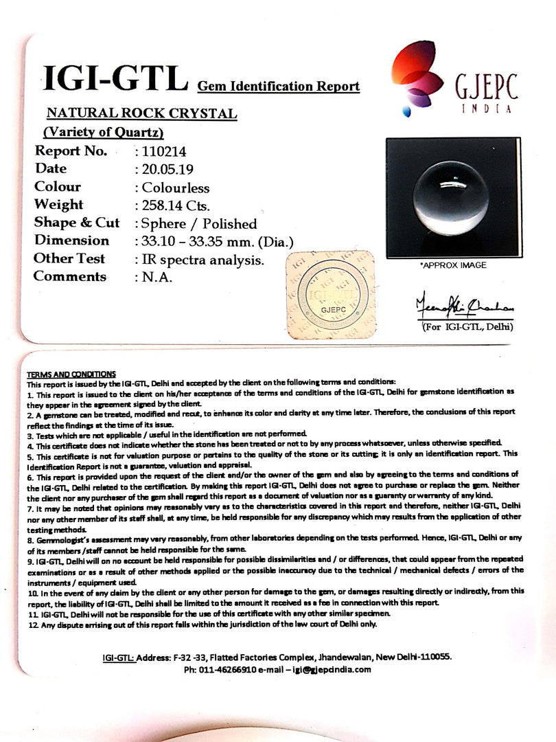 Natural Rock Crystal With Govt. Lab Certificate.