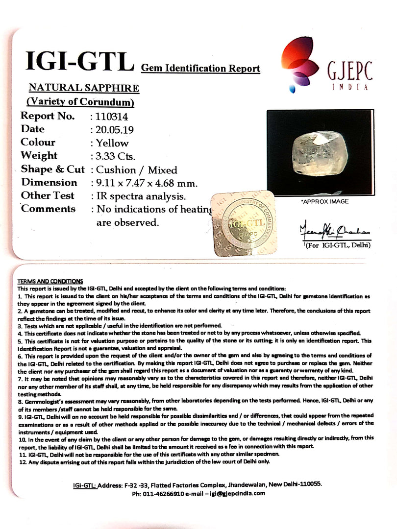 3.70 Ratti Natural Yellow Sapphire With Govt Lab Certificate-(6771)