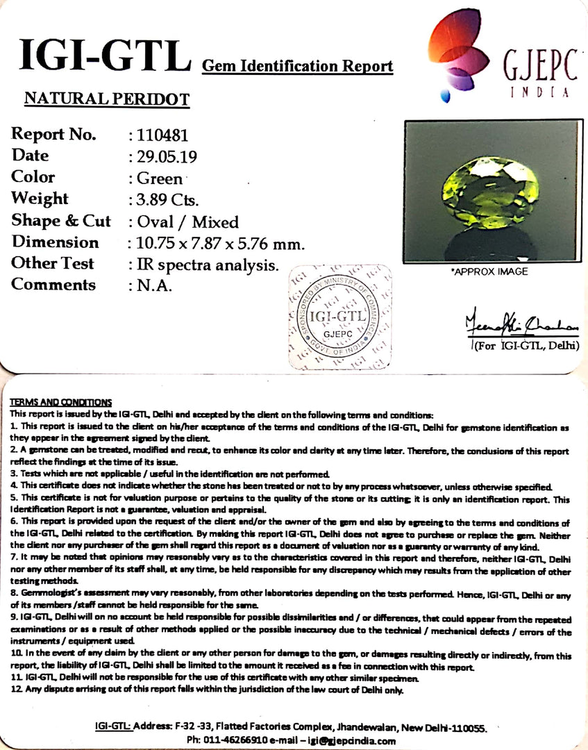 4.32 Ratti Natural Peridot With Govt.Lab Certificate-(4551)