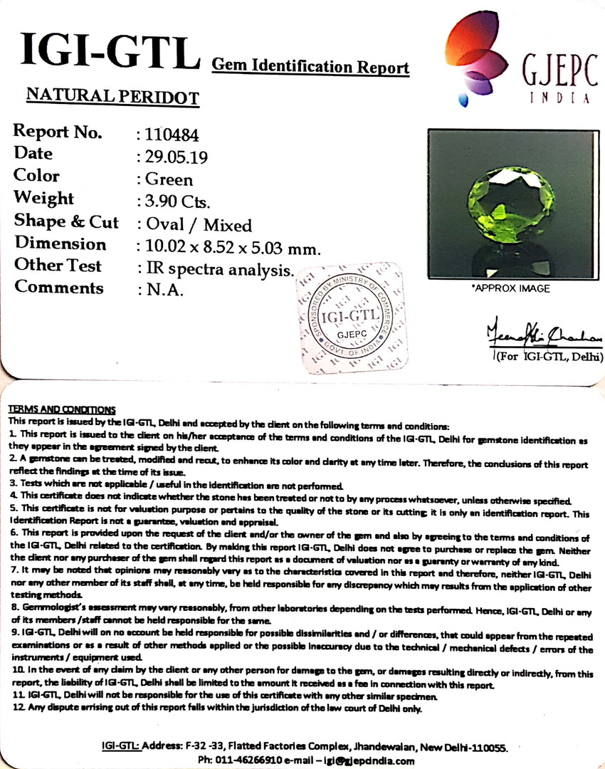 4.33 Ratti Natural Peridot With Govt.Lab Certificate-(4551)