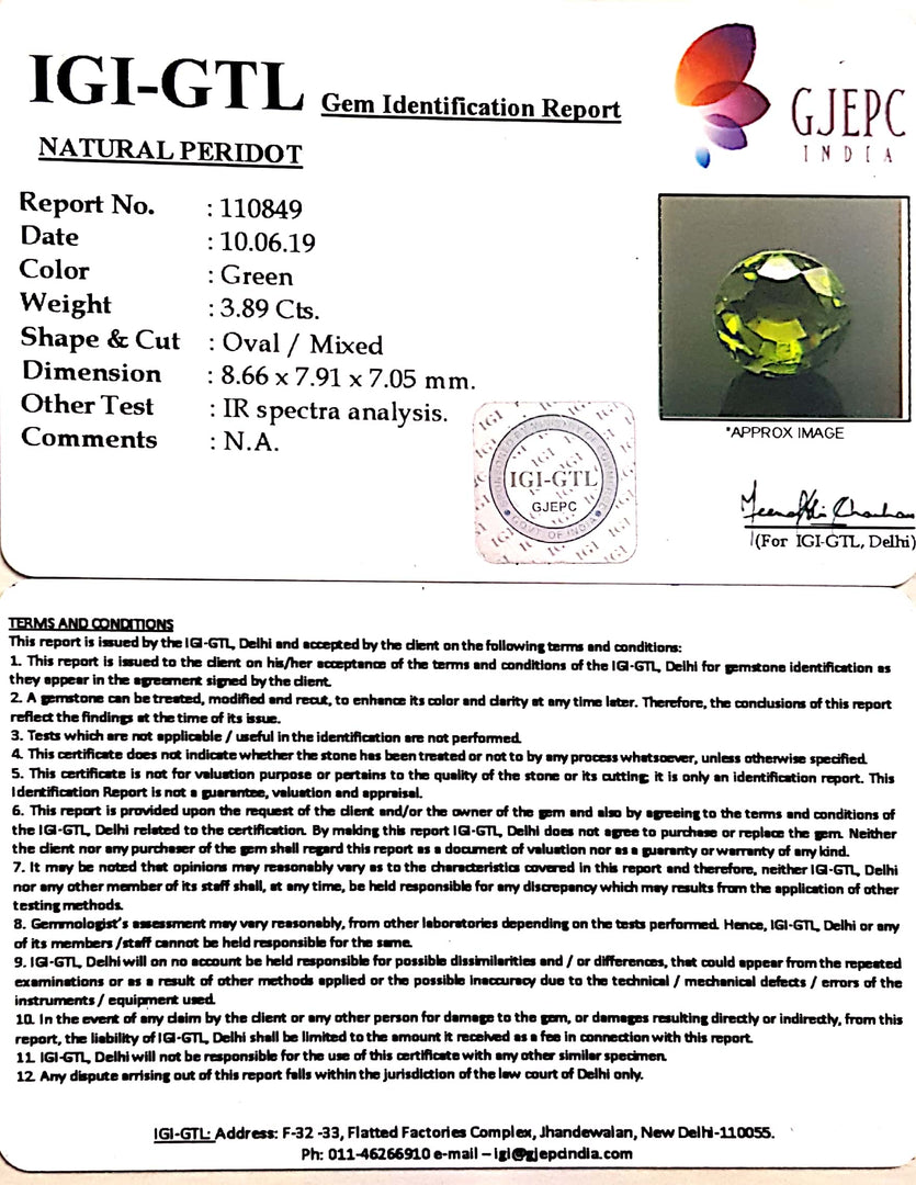 4.32 Ratti Natural Peridot With Govt.Lab Certificate-(4551)