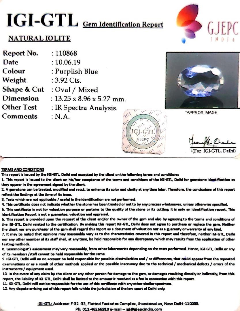 4.36 Ratti Natural Iolite With Govt. Lab Certificate-(2331)