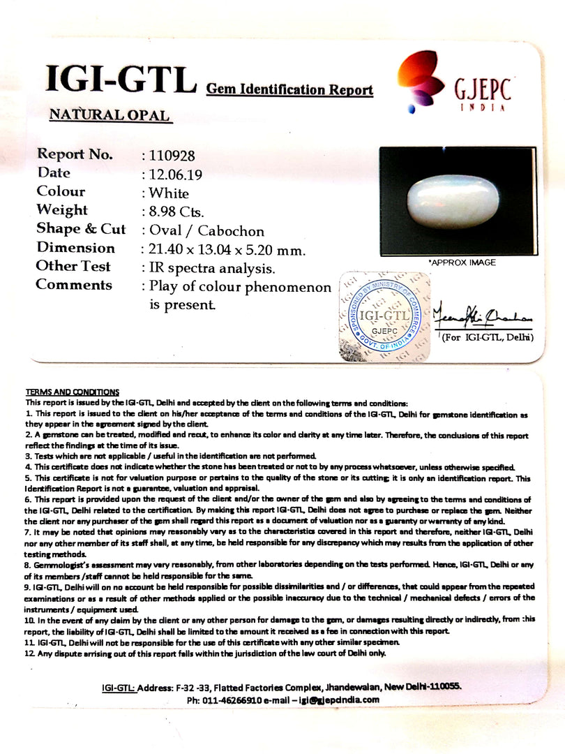 8.98/CT Natural Fire Opal with Govt. Lab Certificate (4551)