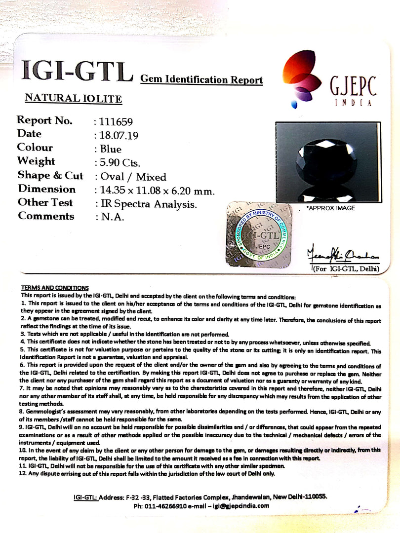 6.56 Ratti Natural Iolite With Govt. Lab Certificate-(610)