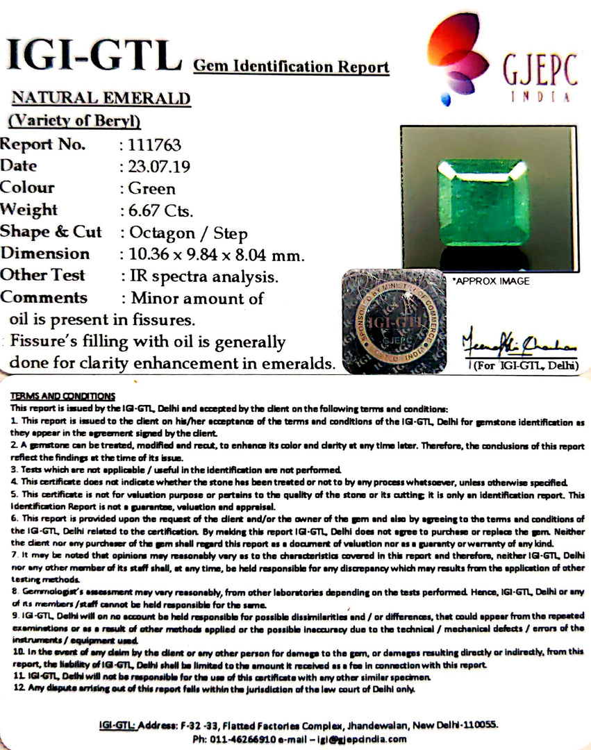 6.67/CT Natural Emerald Stone with Govt. Lab Certificate (12210)