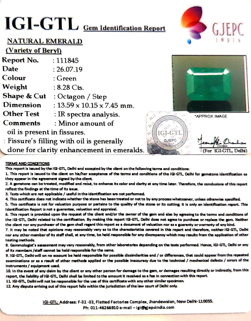 8.28/CT Natural Panna Stone with Govt. Lab Certificate  (34410)